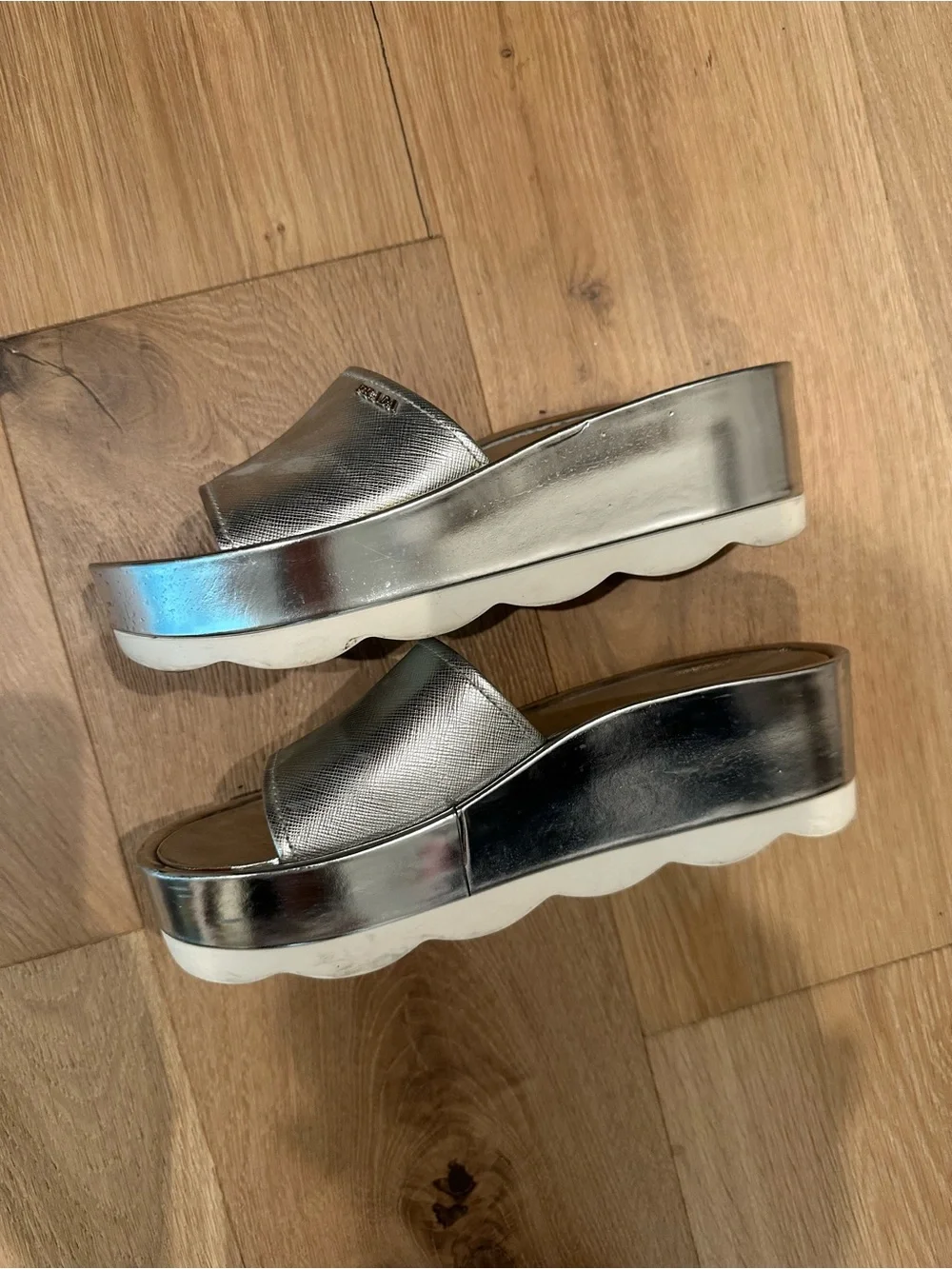 Prada Metallic Silver Saffiano Leather Slide Sandals